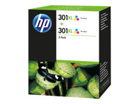 HP 301XL - Pack de 2 - à rendement élevé - couleur (cyan, magenta, jaune) - original - cartouche d'encre - pour Deskjet 1050A J410, 1051A J410, 10XX, 10XX J410, 15XX, 2000, 2050 J510, 2050A J510, 2054A J510, 25XX, 3000, 3050 J610, 3050A J611, 3052A J611, 3054A J611, 3055A J611, 3057A J611, 3059A J611, 3510; Envy 450X, 553X; Officejet 26XX, 46XX D8J46AE